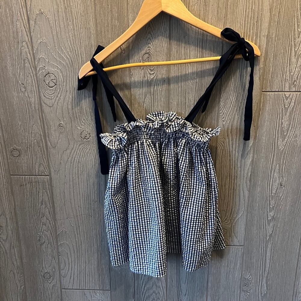 Anthro  Waverly Grey Liberant Navy Blue Gingham Tie Shoulder Top